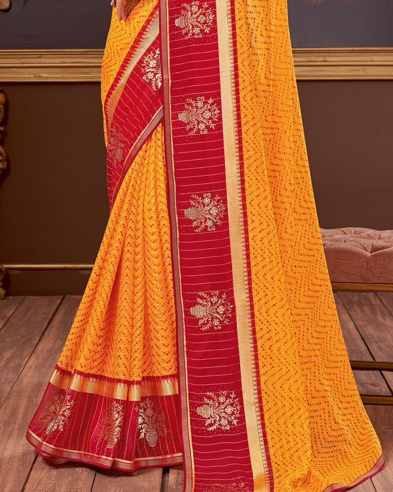 Vishal Prints Yellowish Orange Chiffon Saree With Foil Print And Zari Border