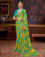 Vishal Prints Dark Turquoise Blue Printed Chiffon Saree With Fancy Border