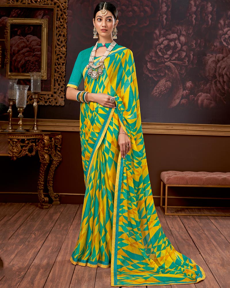 Vishal Prints Dark Turquoise Blue Printed Chiffon Saree With Fancy Border