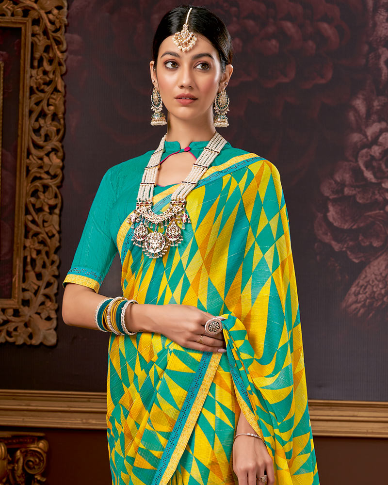 Vishal Prints Dark Turquoise Blue Printed Chiffon Saree With Fancy Border