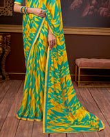 Vishal Prints Dark Turquoise Blue Printed Chiffon Saree With Fancy Border