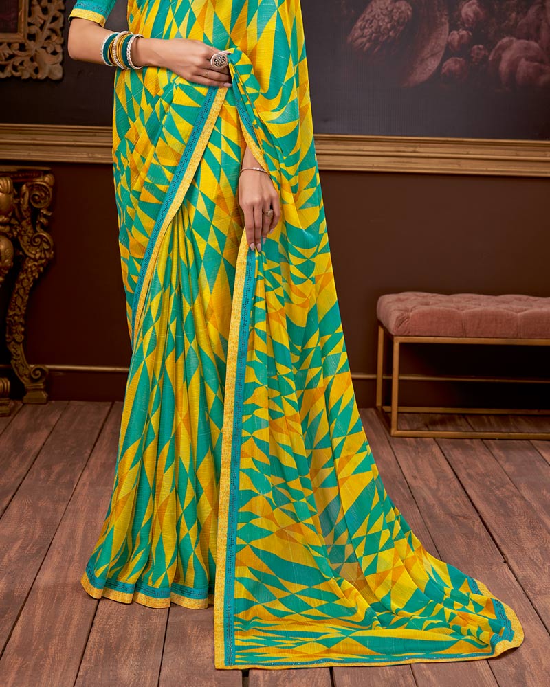 Vishal Prints Dark Turquoise Blue Printed Chiffon Saree With Fancy Border