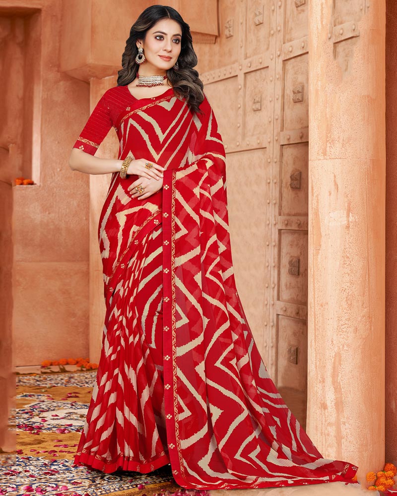 Vishal Prints Cherry Red Printed Chiffon Saree With Fancy Border