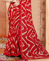 Vishal Prints Cherry Red Printed Chiffon Saree With Fancy Border