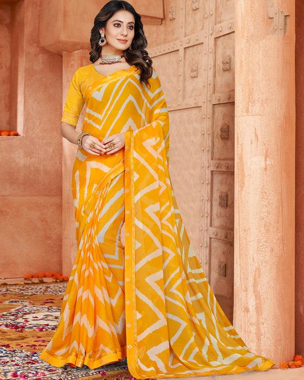 Vishal Prints Mustard Printed Chiffon Saree With Fancy Border