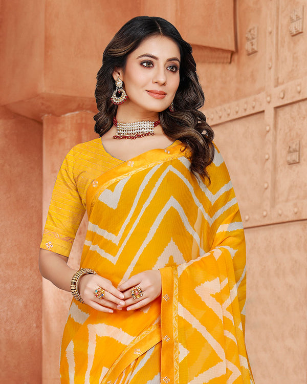 Vishal Prints Mustard Printed Chiffon Saree With Fancy Border