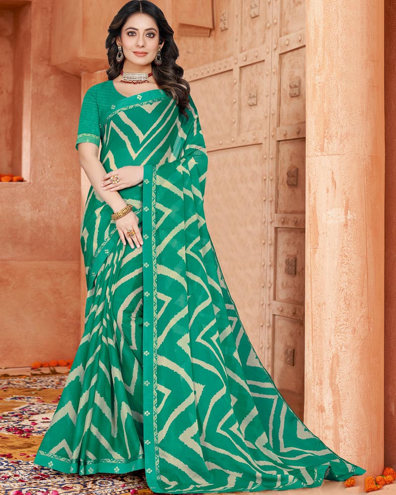 Vishal Prints Rama Green Printed Chiffon Saree With Fancy Border