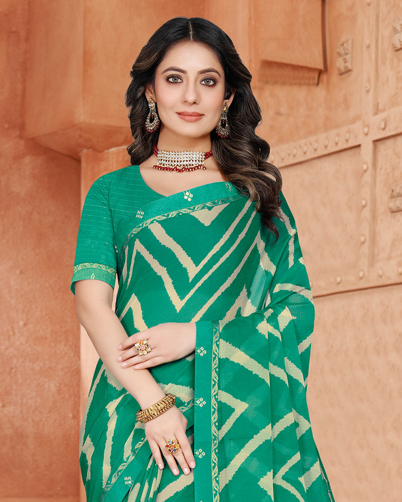 Vishal Prints Rama Green Printed Chiffon Saree With Fancy Border