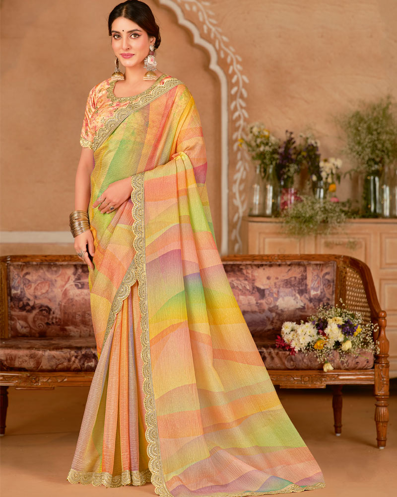 Vishal Prints Peachy Pink And Persian Orange Designer Crushed Chiffon Digital Print Saree With Cut Work Embroidery Border
