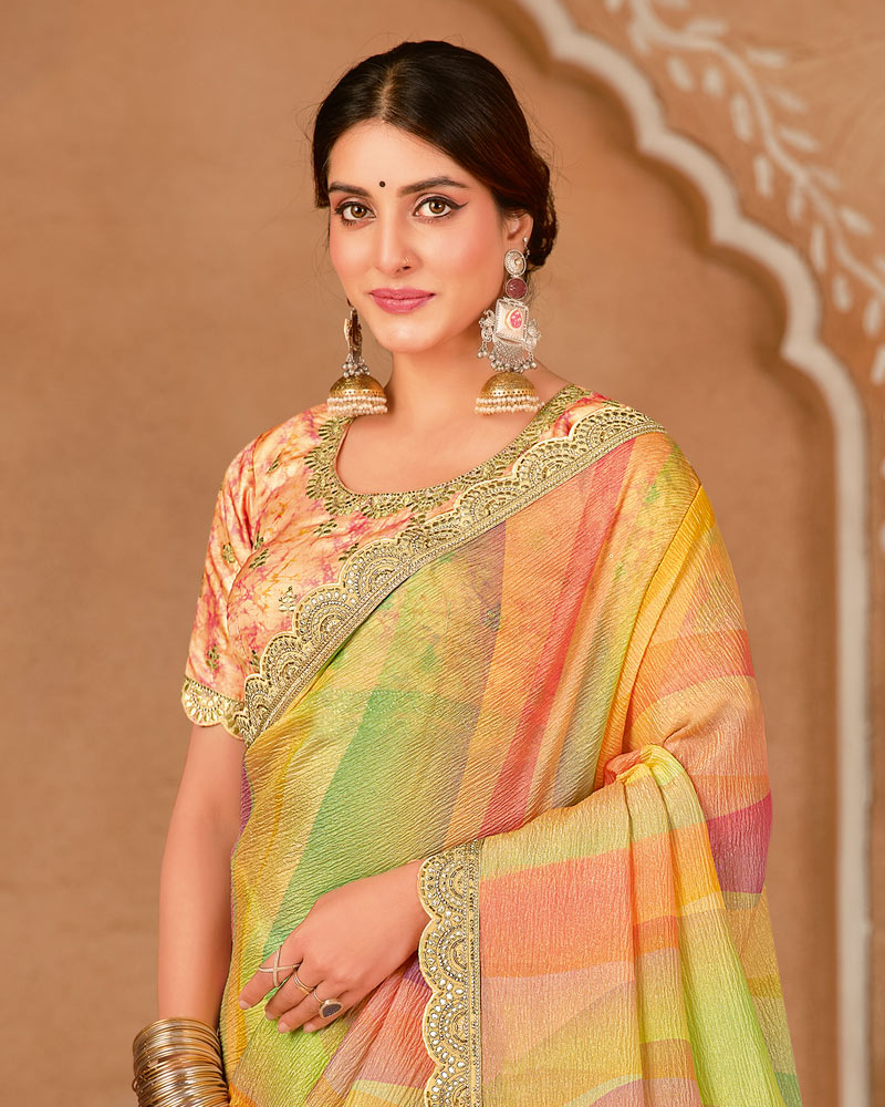 Vishal Prints Peachy Pink And Persian Orange Designer Crushed Chiffon Digital Print Saree With Cut Work Embroidery Border