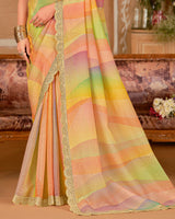 Vishal Prints Peachy Pink And Persian Orange Designer Crushed Chiffon Digital Print Saree With Cut Work Embroidery Border