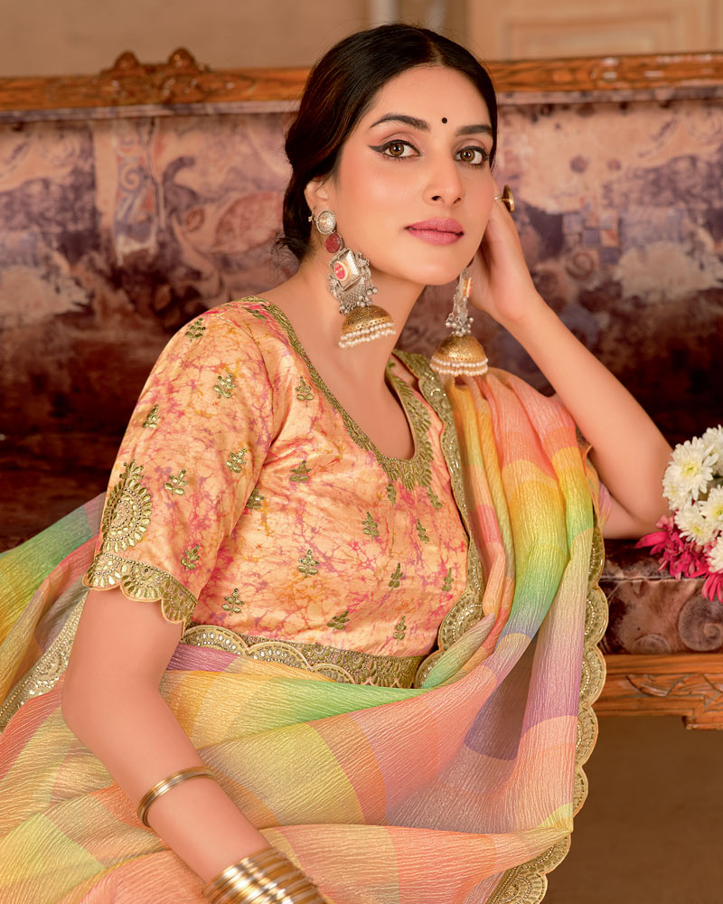 Vishal Prints Peachy Pink And Persian Orange Designer Crushed Chiffon Digital Print Saree With Cut Work Embroidery Border