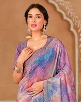 Vishal Prints Dusty Lavender Designer Crushed Chiffon Digital Print Saree With Cut Work Border