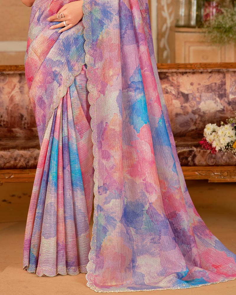 Vishal Prints Dusty Lavender Designer Crushed Chiffon Digital Print Saree With Cut Work Border
