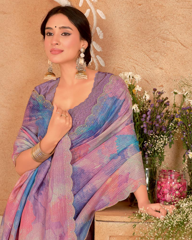 Vishal Prints Dusty Lavender Designer Crushed Chiffon Digital Print Saree With Cut Work Border