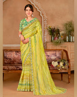 Vishal Prints Light Yellow Designer Crushed Chiffon Digital Print Saree With Cut Work Embroidery Border