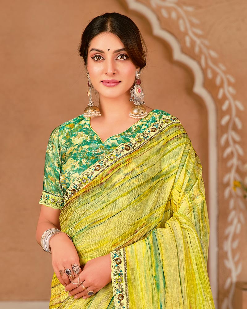 Vishal Prints Light Yellow Designer Crushed Chiffon Digital Print Saree With Cut Work Embroidery Border