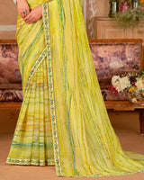 Vishal Prints Light Yellow Designer Crushed Chiffon Digital Print Saree With Cut Work Embroidery Border