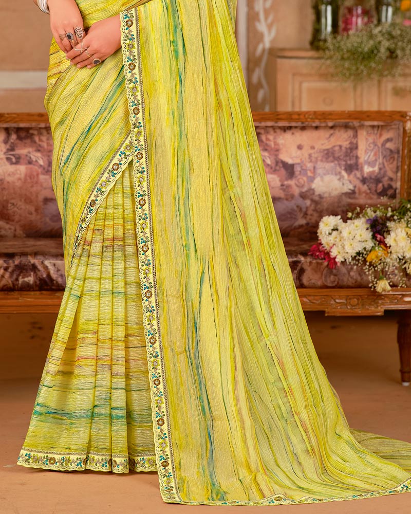 Vishal Prints Light Yellow Designer Crushed Chiffon Digital Print Saree With Cut Work Embroidery Border
