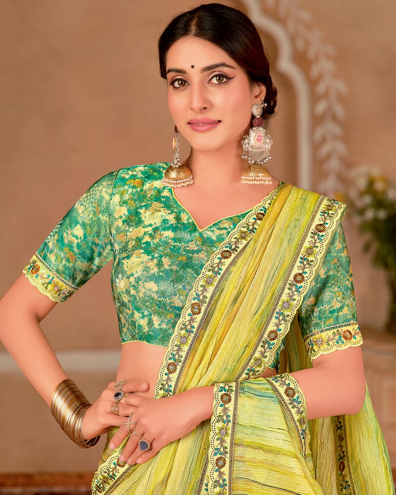 Vishal Prints Light Yellow Designer Crushed Chiffon Digital Print Saree With Cut Work Embroidery Border