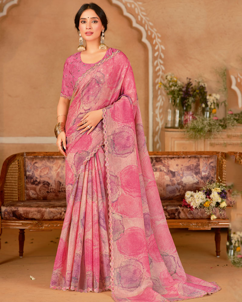 Vishal Prints Light Carmine Pink Designer Crushed Chiffon Digital Print Saree With Diamond Work And Cut Work Border