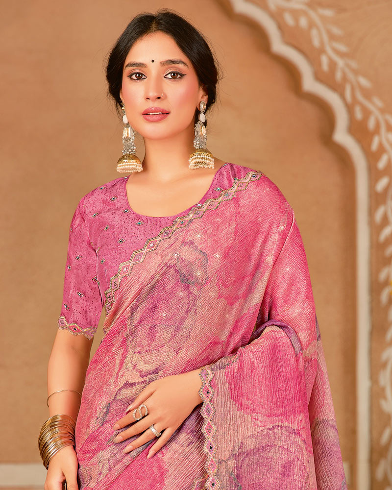 Vishal Prints Light Carmine Pink Designer Crushed Chiffon Digital Print Saree With Diamond Work And Cut Work Border