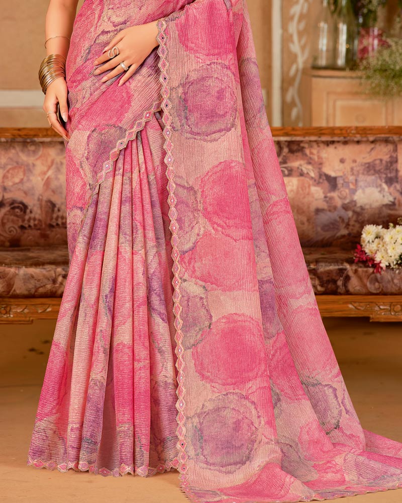 Vishal Prints Light Carmine Pink Designer Crushed Chiffon Digital Print Saree With Diamond Work And Cut Work Border