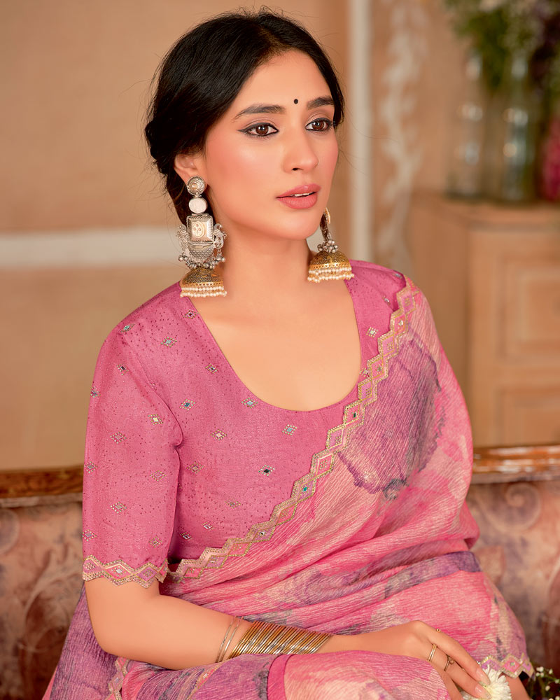 Vishal Prints Light Carmine Pink Designer Crushed Chiffon Digital Print Saree With Diamond Work And Cut Work Border