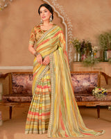Vishal Prints Light Yellow And Faded Orange Designer Crushed Chiffon Digital Print Saree With Cut Work Embroidery Border