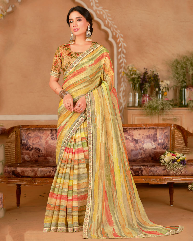 Vishal Prints Light Yellow And Faded Orange Designer Crushed Chiffon Digital Print Saree With Cut Work Embroidery Border