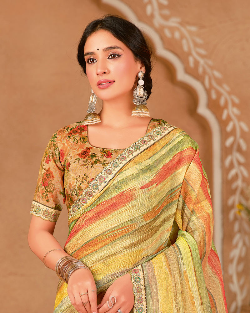 Vishal Prints Light Yellow And Faded Orange Designer Crushed Chiffon Digital Print Saree With Cut Work Embroidery Border