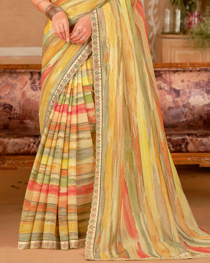 Vishal Prints Light Yellow And Faded Orange Designer Crushed Chiffon Digital Print Saree With Cut Work Embroidery Border