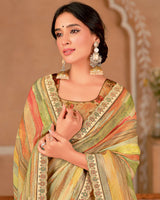 Vishal Prints Light Yellow And Faded Orange Designer Crushed Chiffon Digital Print Saree With Cut Work Embroidery Border