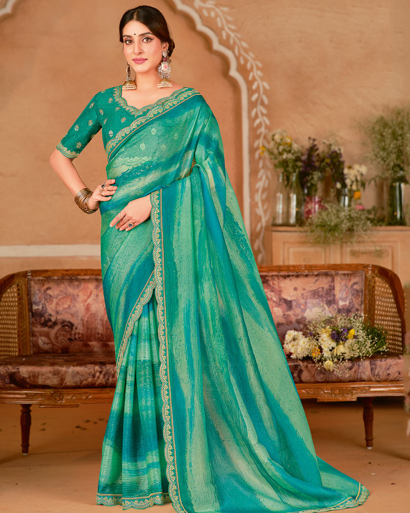 Vishal Prints Dusty Teal Green Designer Crushed Chiffon Digital Print Saree With Diamond Work And Cut Work Embroidery Border