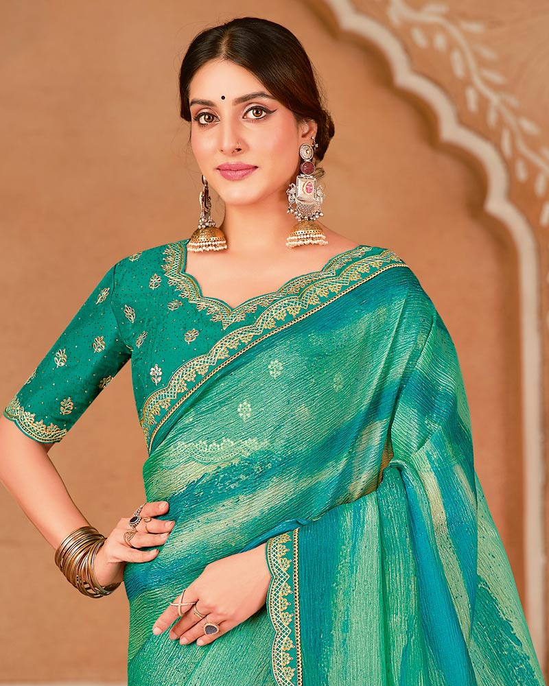 Vishal Prints Dusty Teal Green Designer Crushed Chiffon Digital Print Saree With Diamond Work And Cut Work Embroidery Border