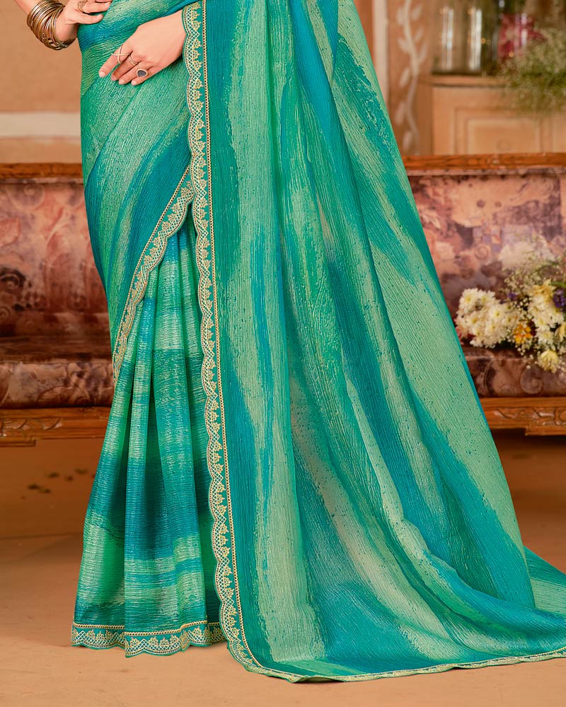 Vishal Prints Dusty Teal Green Designer Crushed Chiffon Digital Print Saree With Diamond Work And Cut Work Embroidery Border