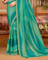 Vishal Prints Dusty Teal Green Designer Crushed Chiffon Digital Print Saree With Diamond Work And Cut Work Embroidery Border