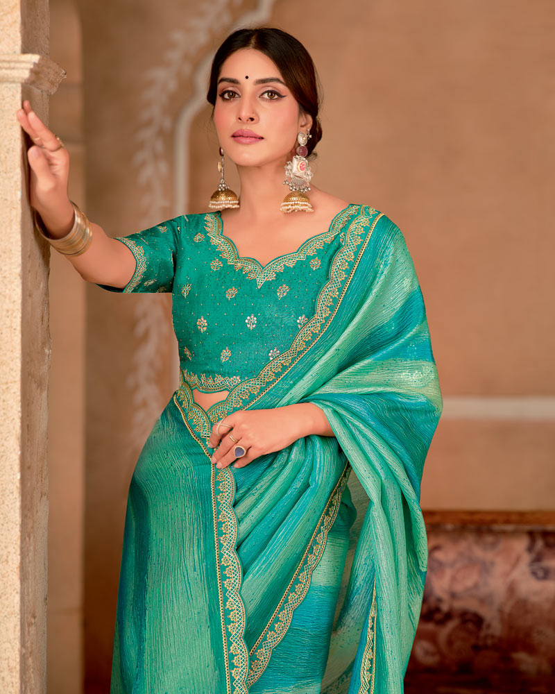 Vishal Prints Dusty Teal Green Designer Crushed Chiffon Digital Print Saree With Diamond Work And Cut Work Embroidery Border