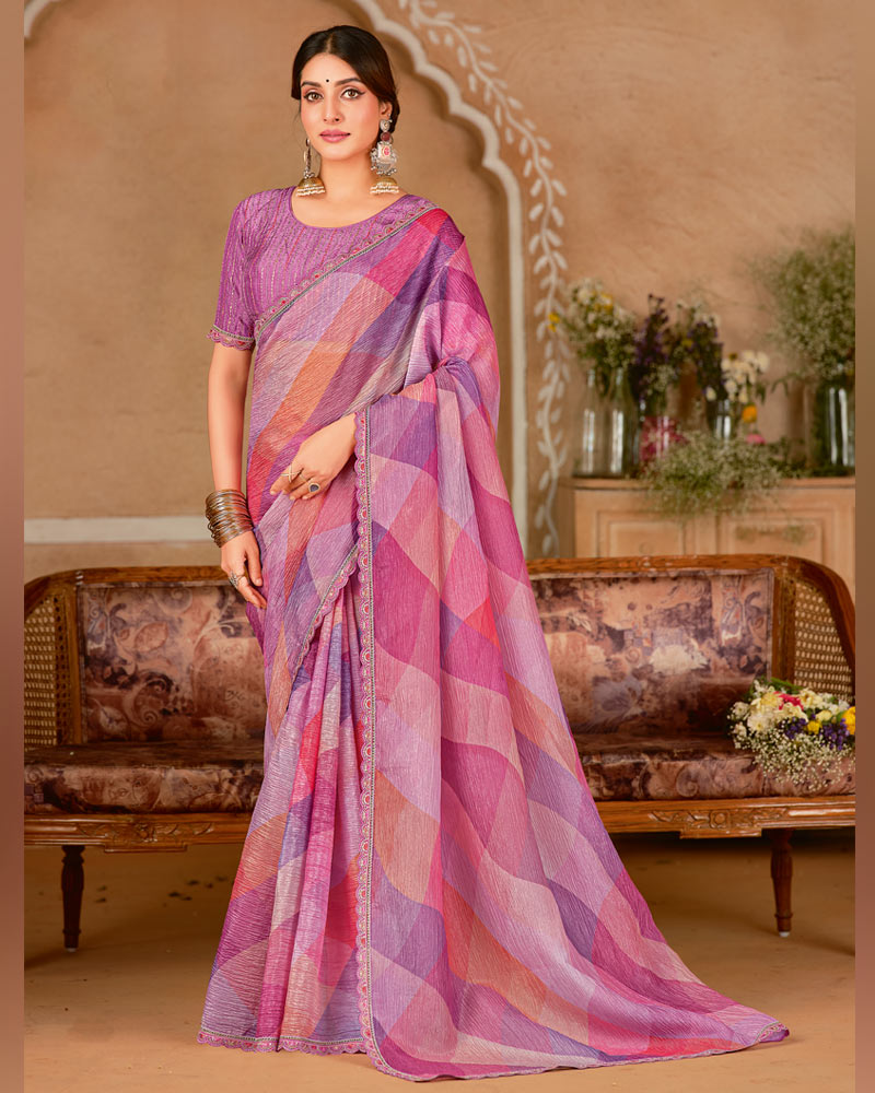 Vishal Prints Multi Pink Designer Crushed Chiffon Digital Print Saree With Cut Work Embroidery Border