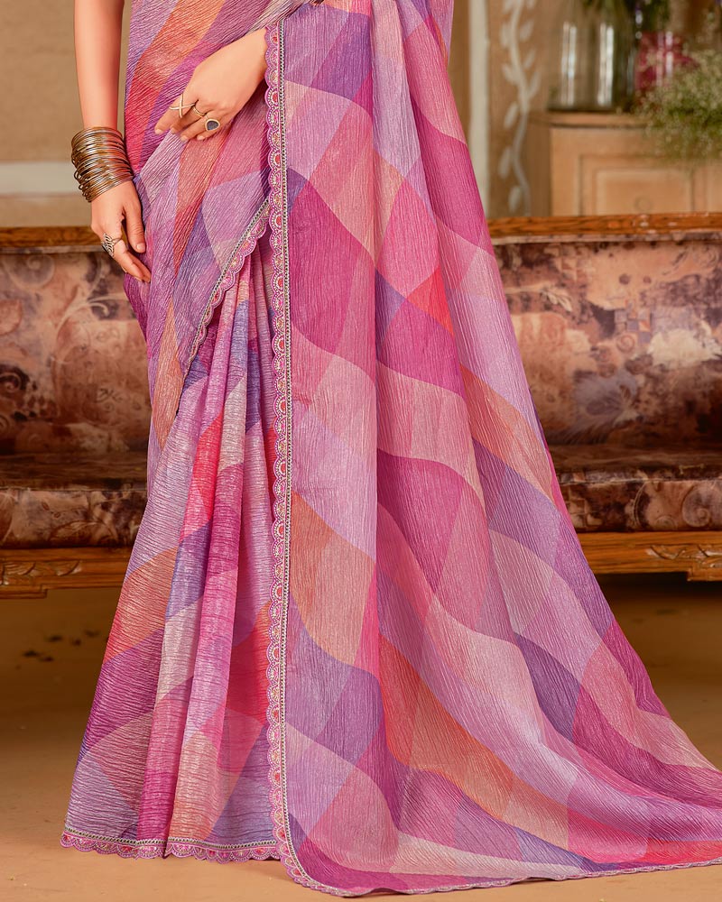 Vishal Prints Multi Pink Designer Crushed Chiffon Digital Print Saree With Cut Work Embroidery Border