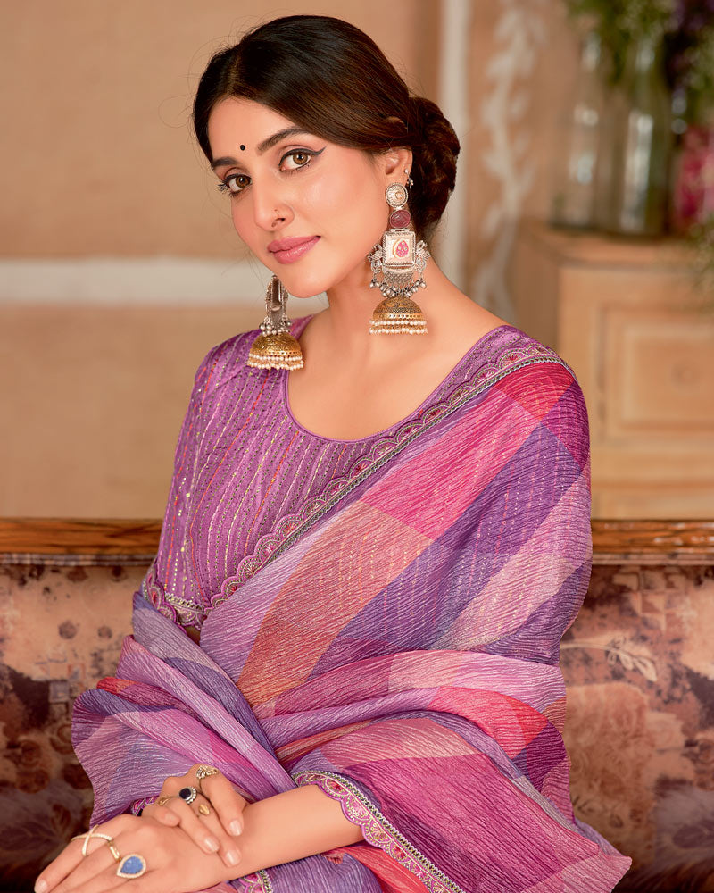 Vishal Prints Multi Pink Designer Crushed Chiffon Digital Print Saree With Cut Work Embroidery Border