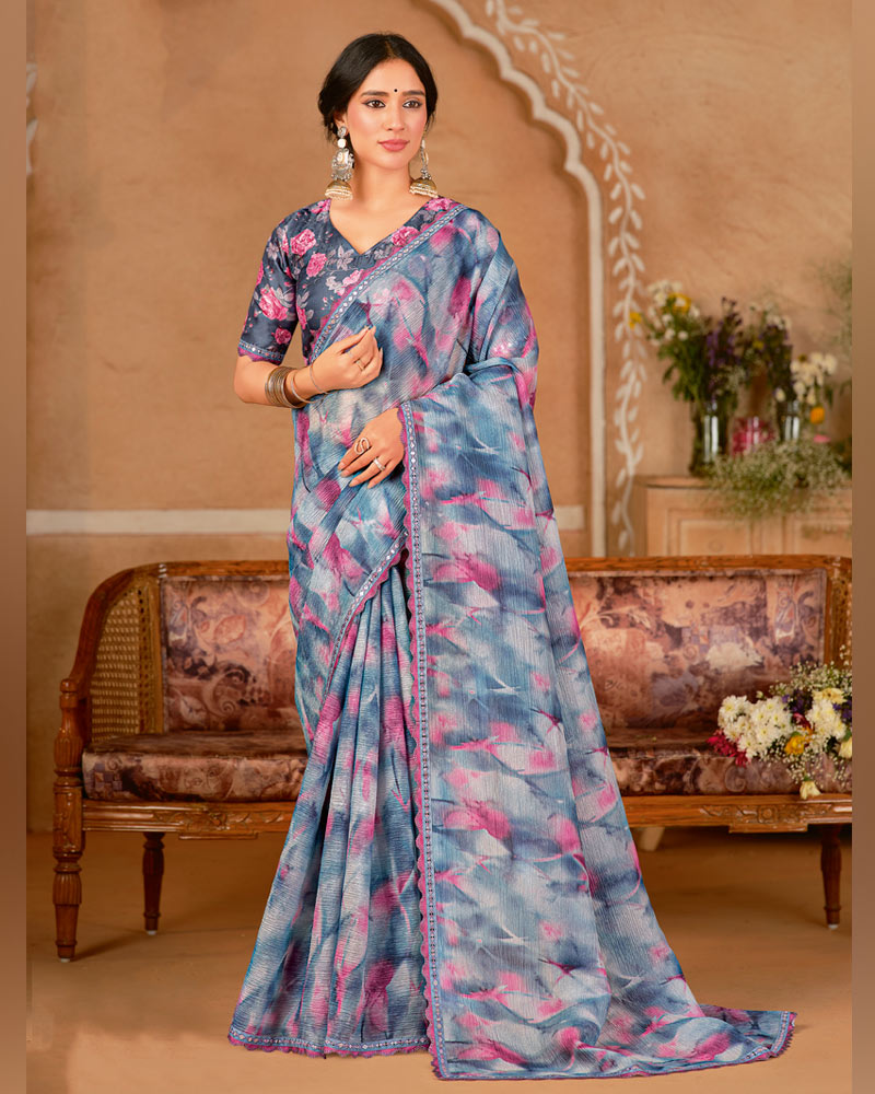 Vishal Prints Faded Blue And Mist Grey Designer Crushed Chiffon Digital Print Saree With Cut Work Embroidery Border