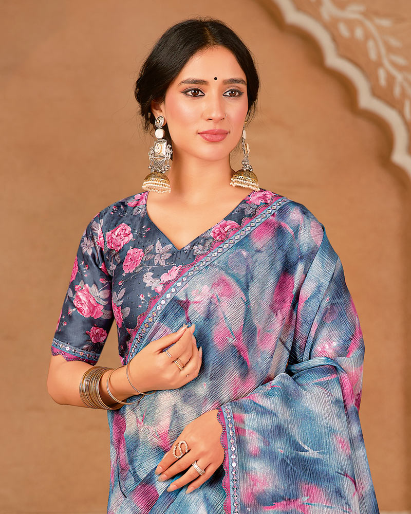 Vishal Prints Faded Blue And Mist Grey Designer Crushed Chiffon Digital Print Saree With Cut Work Embroidery Border