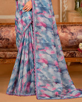 Vishal Prints Faded Blue And Mist Grey Designer Crushed Chiffon Digital Print Saree With Cut Work Embroidery Border