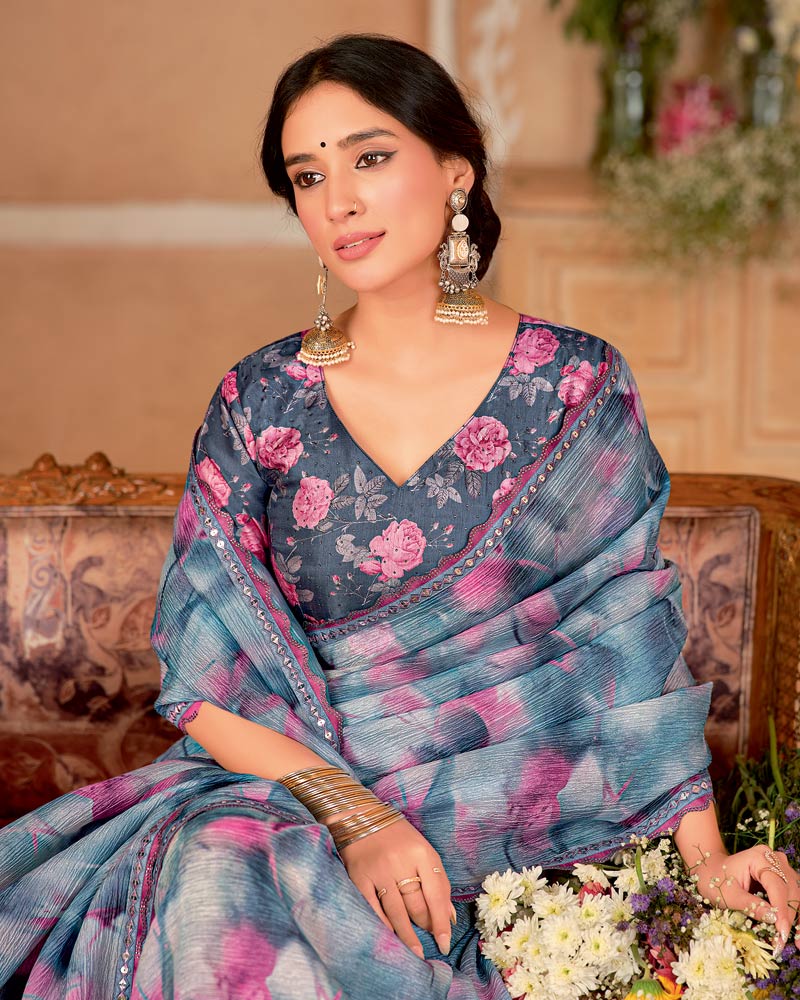 Vishal Prints Faded Blue And Mist Grey Designer Crushed Chiffon Digital Print Saree With Cut Work Embroidery Border