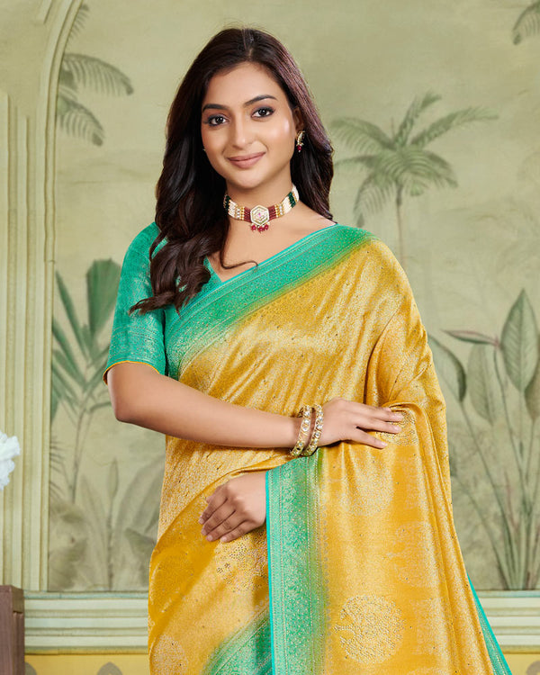 Vishal Prints Mustard Yellow Designer Dola Silk Saree With Weaving And Diamond Work