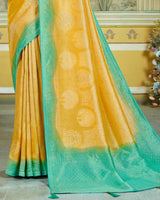 Vishal Prints Mustard Yellow Designer Dola Silk Saree With Weaving And Diamond Work