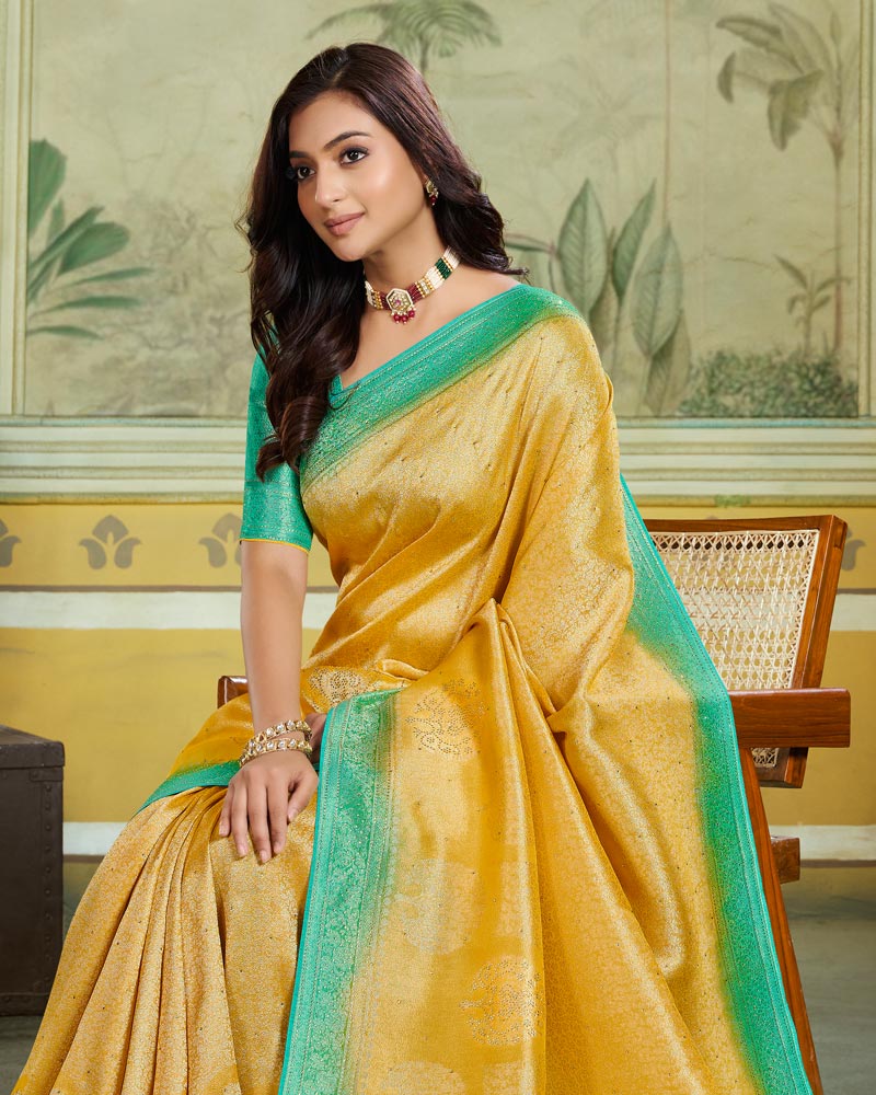 Vishal Prints Mustard Yellow Designer Dola Silk Saree With Weaving And Diamond Work