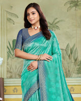 Vishal Prints Aqua Green Designer Dola Silk Saree With Weaving And Diamond Work