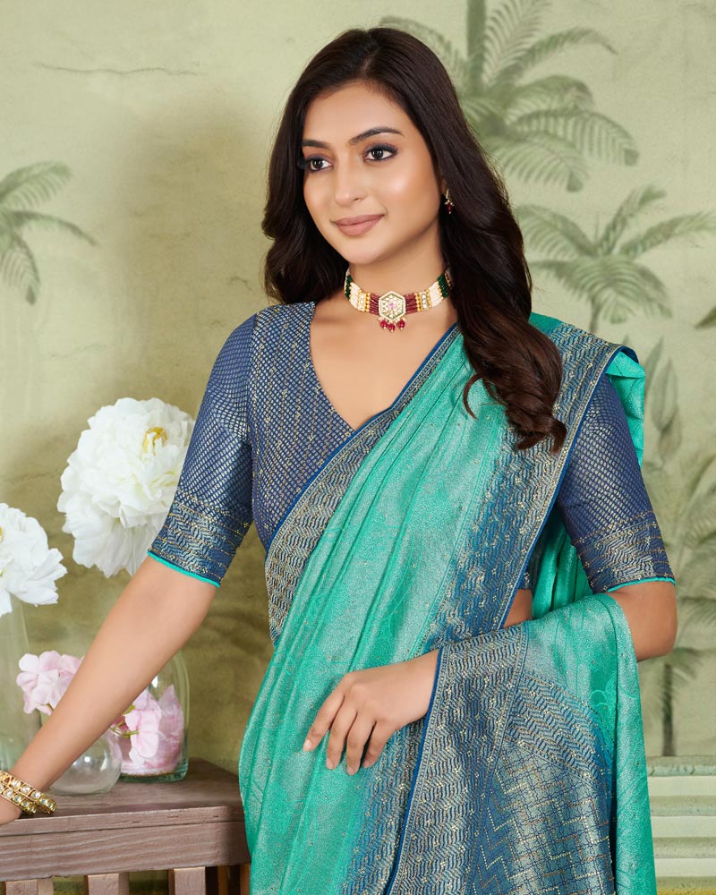 Vishal Prints Aqua Green Designer Dola Silk Saree With Weaving And Diamond Work